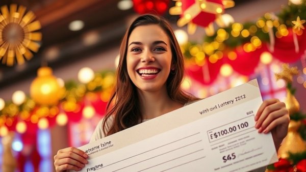 Canadian lottery winner holds cheque with festive lights in background.