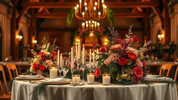 Elegant winter wedding table setting with floral decor and candles.