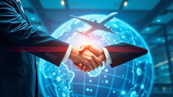 AI travel industry concept with handshake and digital globe.