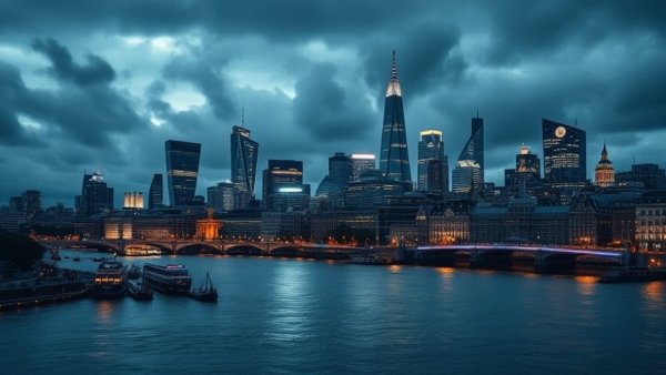 Night view of London's skyline with buildings lit up; things to do in London in the rain.