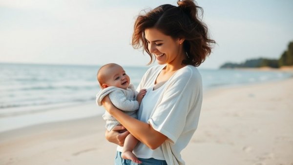 Young mother with baby at beach showcasing postpartum support network.