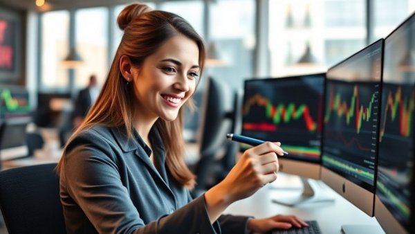 Professional woman analyzing digital investment charts in an office.