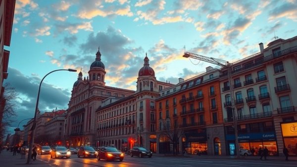Vibrant Madrid street at sunset with light trails, 5-day Madrid itinerary.