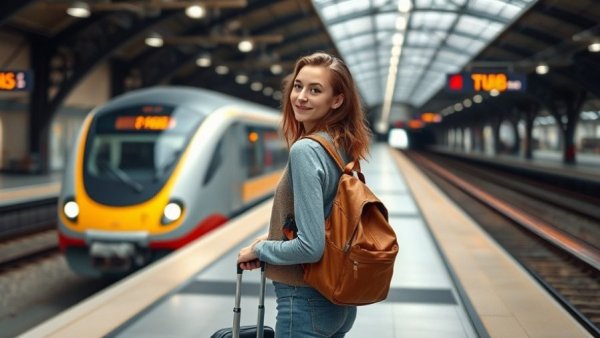 Traveler using Rachel Bloom anti-theft bag at train station.
