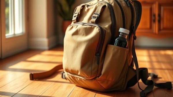 Stylish khaki travel backpack on floor with bottle in pocket.