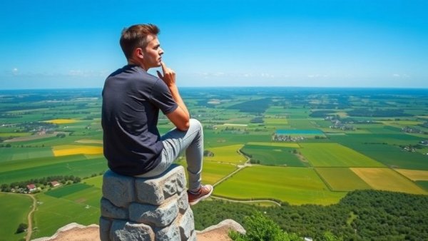 Hiker sitting on a trig point at Ivinghoe Beacon with scenic view.