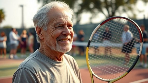 Older man playing tennis, highlighting financial planning in retirement