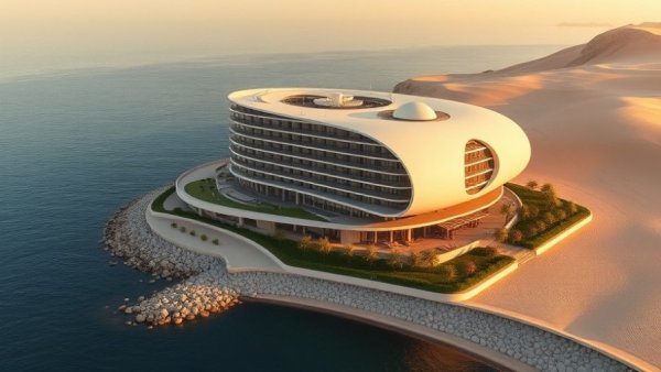 Modern architectural hotel by coastline, Ray Hotel by Cloud 7 Kuwait