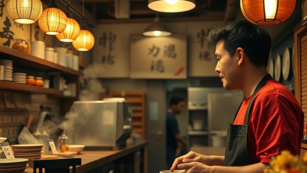 Japanese ramen etiquette in a cozy ramen shop with customer and chef.