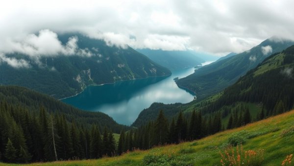 Foggy Oeschinen Lake hike view with green cliffs and clouds.