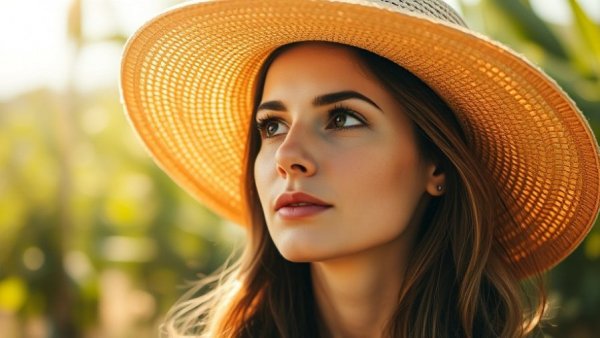 Woman in hat with serene expression enjoying sunlight outdoors