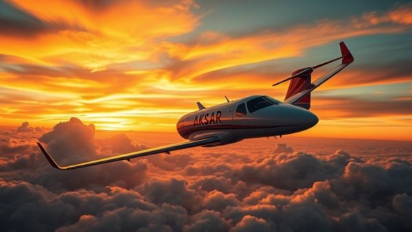 Akasa Air aircraft flying through a colorful sunset sky.