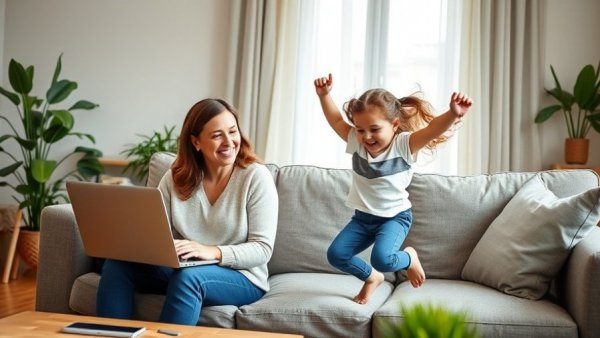 Mother and daughter bonding on Mother's Day in a cozy living room.