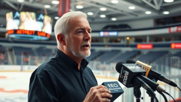 Ernie Punch McLean giving a speech in an ice hockey rink.