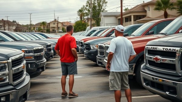 Men inspecting trucks at used car lot with vehicle prices displayed.