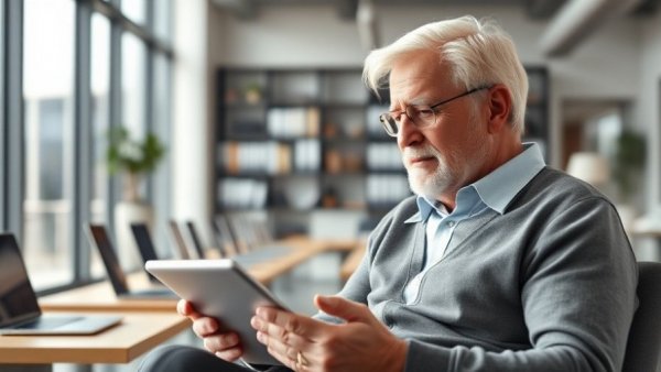 Mature man in modern office analyzing data on a tablet.