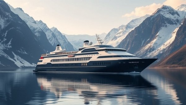Majestic cruise ship in scenic fjord for Cunard 2028 Voyages.