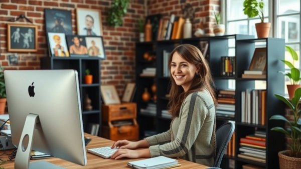 Woman working online from home office, earning money online concept.