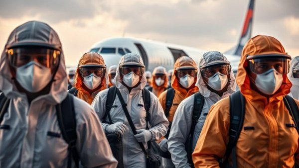 Healthcare workers in protective gear board plane amid Hantavirus outbreak in Canada.