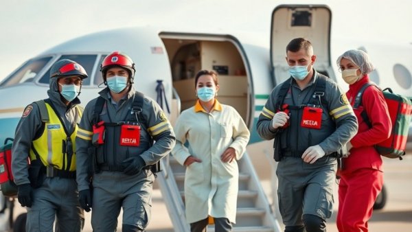 Medical crew in protective gear at aircraft door during outbreak response.