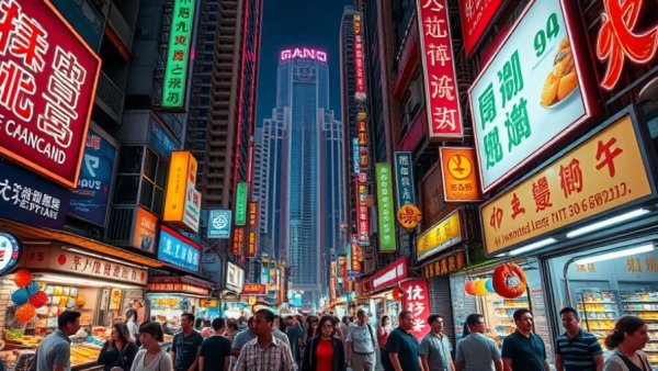 Vibrant night market scene in Hong Kong with colorful stalls and neon lights.