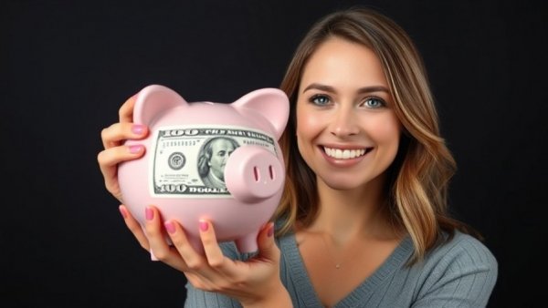Woman holding piggy bank and money for workplace retirement plan