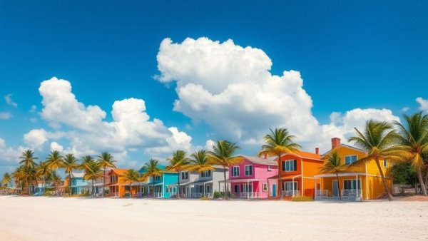 Charming Yucatan village with beach houses and palm trees under a clear sky.