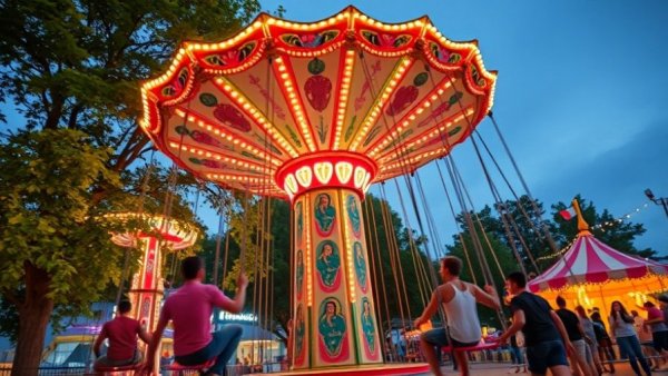 Waldchestag festival swing ride at dusk with excited crowd.