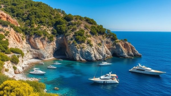 Luxury travel secrets: serene yacht-filled cove with rocky cliffs.