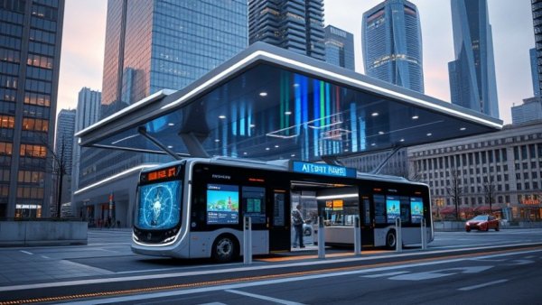 AI-powered smart bus station with futuristic design and technology.
