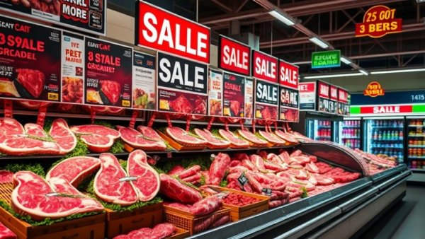 Grocery store meat aisle with sale signs, highlighting wholesale inflation jumps 6%