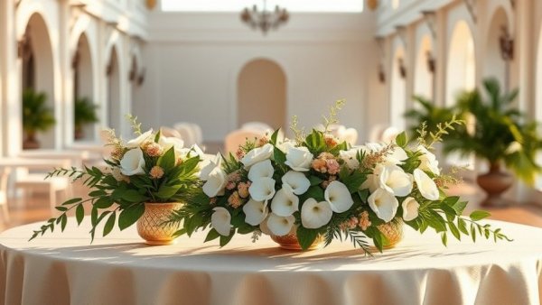 Elegant Puglian wedding table with floral decor in soft sunlight.