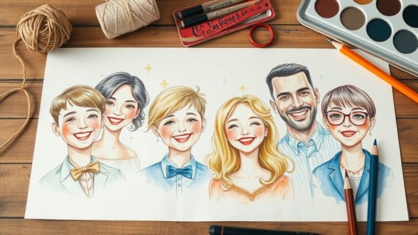 Watercolor wedding illustrations with family portraits and art supplies.