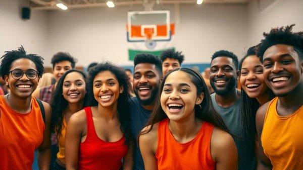 Excited group at basketball academy event with Indian flag backdrop.