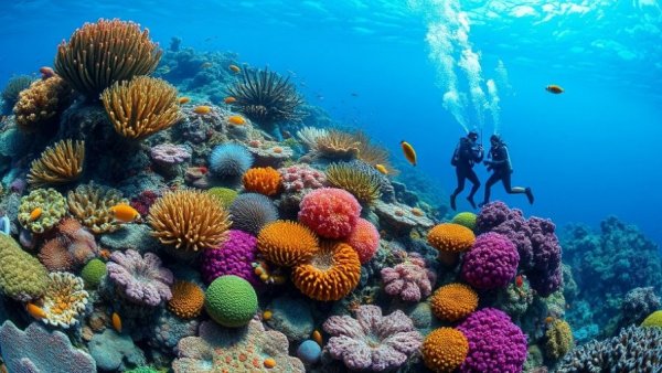 Scuba divers exploring vibrant coral reef.
