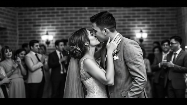 Traditional wedding couple kissing with guests in background.