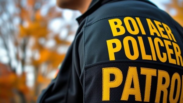 Close-up of U.S. Border Patrol vest with 'POLICE' lettering, autumn backdrop.