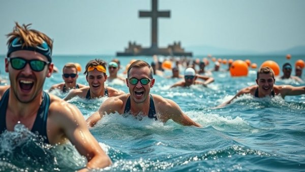 Camiguin Ironman 5150 triathlon swimmers near cross monument.