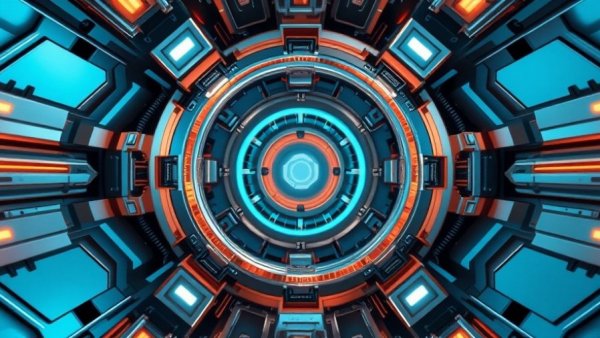 Futuristic structure with central copper coil in a high-tech setting.