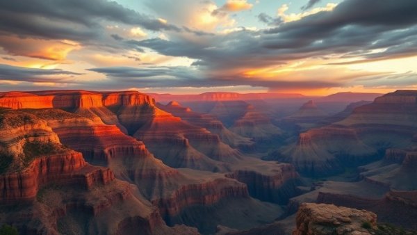 Grand Canyon sunset with vibrant colors and dramatic lighting.
