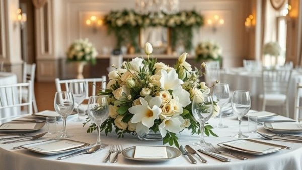 Elegant table with wedding color palette centerpiece.