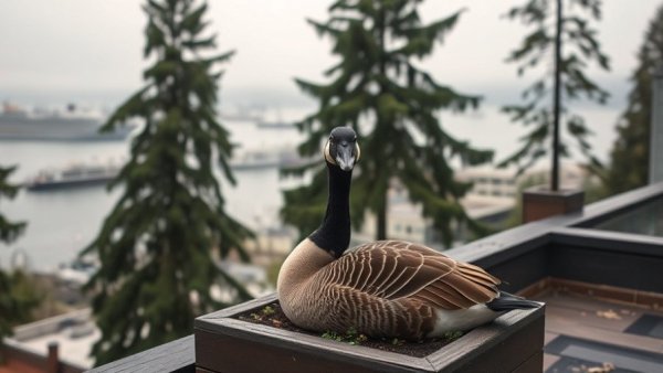 Canadian goose resting on a rooftop planter in Vancouver, Wildlife Rescue in Vancouver.