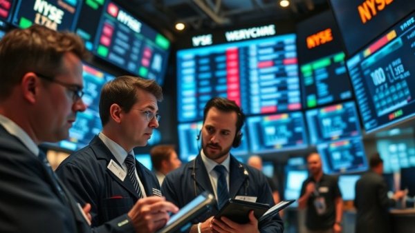 Traders on stock exchange floor observe AI-related layoffs impact on stocks.