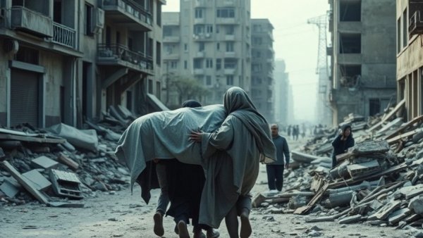 Somber procession in Gaza amid rubble after Israeli strikes.