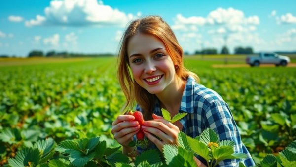 Woman gathering strawberries in a field under a blue sky