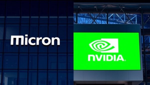 Micron and Nvidia corporate logos on blue and green backgrounds