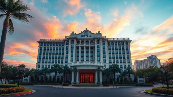Majestic hotel facade at sunset with palm-lined drive, UAE.