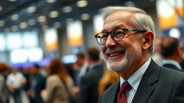 Older man at business event, smiling warmly.
