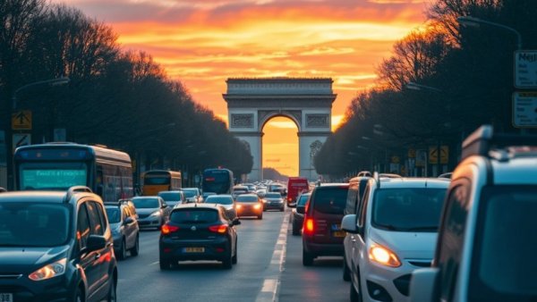 City traffic and Arc de Triomphe, perfect for scooter city trips.