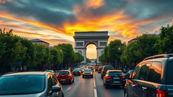 Busy city street to Arc de Triomphe at sunset, Tips for Scooter City Trips.